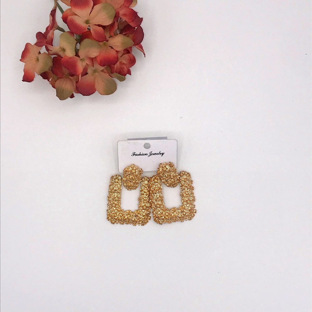 Textured Open Square Gold Drop Statement Earrings